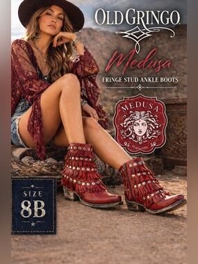 Old Gringo Medusa Boots Red Fringe Studs women’s size 8 cowgirl country concert